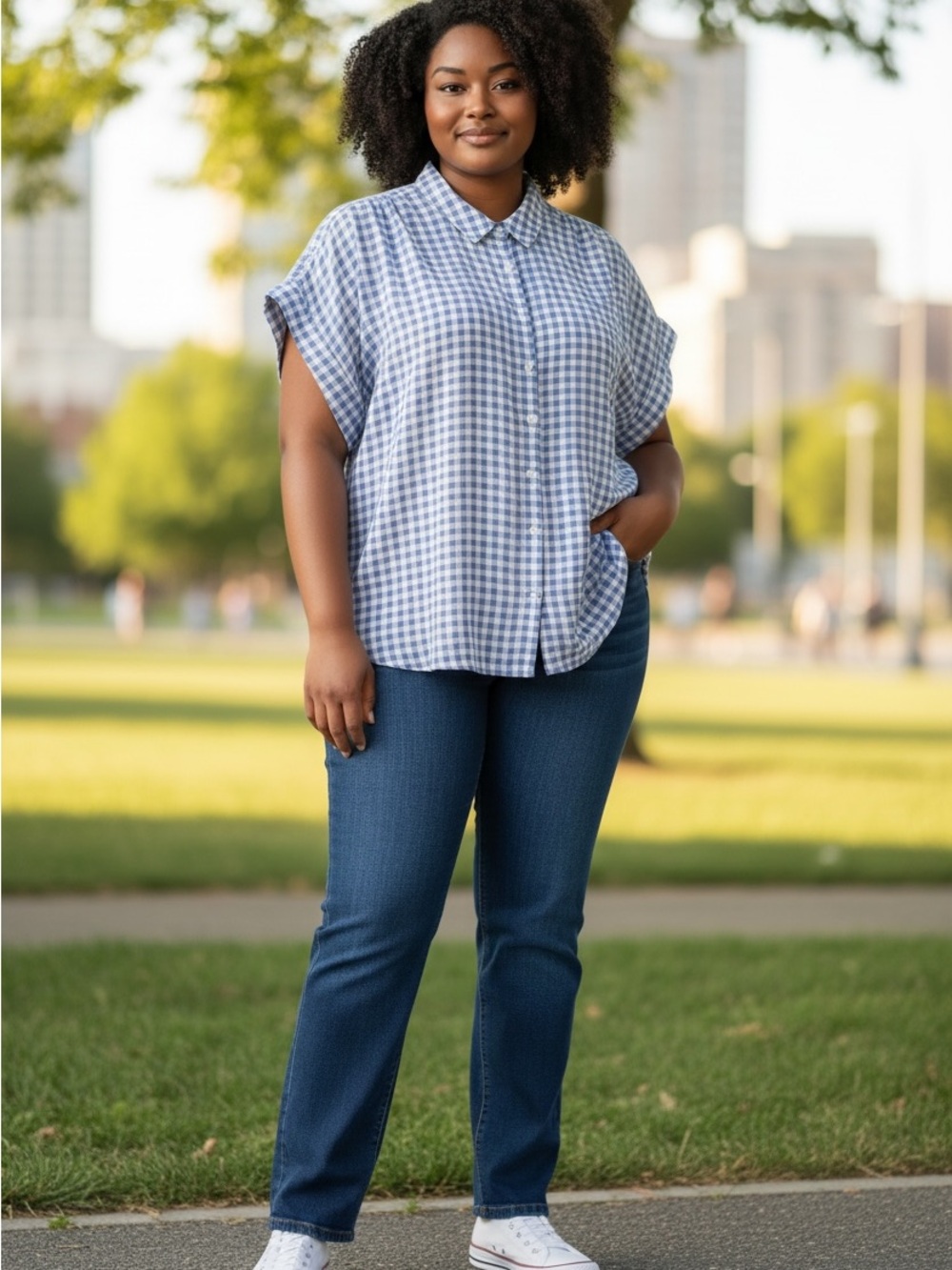 PENNINGTON plus size Blue Gingham Short-Sleeve Button-Up Shirt 1X
